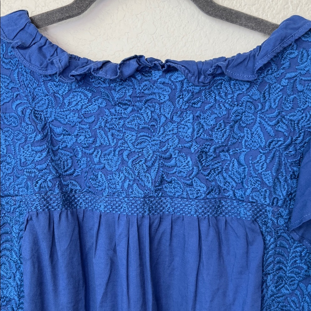 J. Marie Woven Embroidered Ruffled Cap Sleeve Top Size L In Cobalt Blue - Picture 8 of 12